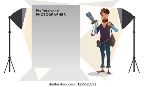 Young photographer working area Studio Banner design for photo studio courses and ads employee and workers jobs and professions professional concept Vector illustration cartoon character.
