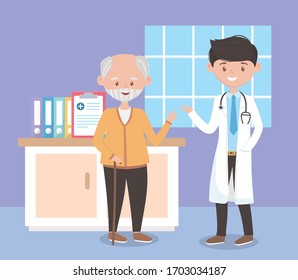 young physician and old man in room hospital, doctors and elderly people vector illustration