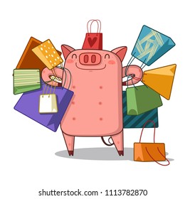 Young piggy with shopping packages isolated on white