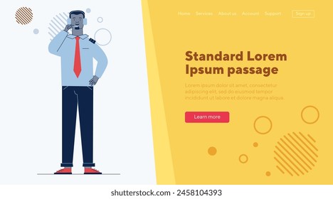 Young pilot of aircraft using headset. Man wearing airlines uniform flat vector illustration. Aviation, job, occupation concept for banner, website design or landing web page
