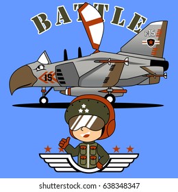 young pilot cartoon with fighter jet, vector cartoon illustration