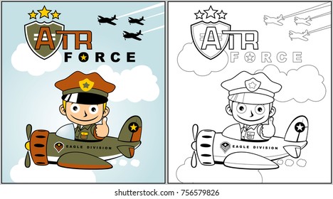 young pilot on military airplane, coloring book or page, vector cartoon illustration