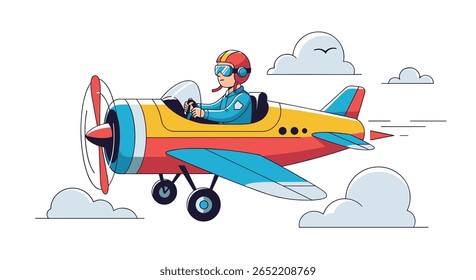 Young Pilot Soaring Through the Sky in a Colorful Cartoon Airplane Above Clouds Enjoying a Joyful Flight Adventure