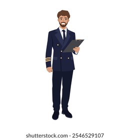 Young Pilot steward writing notes in list of passengers. Flat Vector character illustration