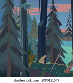 Young pines. Night landscape with trees and fir trees. Coniferous forest at dusk. Dark summer scene. Illustration in cartoon style flat design. Vector.