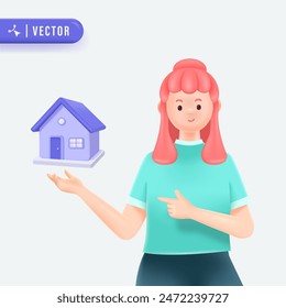 Young Pink Hair Woman Holding House Miniature in Isolated Background. Property Agent Concept. 3D Style Vector Illustration