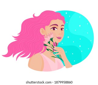 Young pink hair woman with meadow flowers posing on blue background