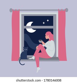 Mujer joven de cabello rosa con una taza de café o té en la mano mirando por la ventana mientras estaba sentada en la ventana de su casa con un gato. Ilustración del vector