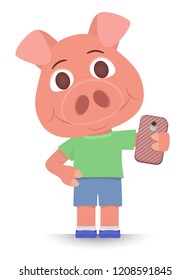 young pink pig in shorts and shirt stands isolated on white background and holds the phone. symbol of the year. flat style cartoon