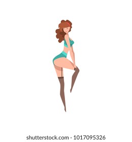 Young pin-up model with perfect slim body in black stockings and sexy turquoise underwear. Sensual stylish woman. Cartoon pin-up girl with brown hair. Flat vector design