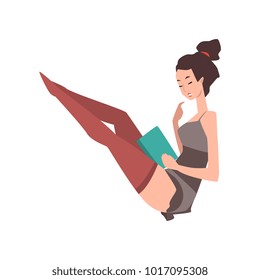 Young pin-up model sitting with book in hand. Young woman in vintage lingerie and stockings. Cartoon sensual girl with smiling face expression. Flat vector design