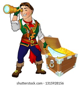 The young pirate looks into a telescope and holds a sword in his hand. Treasure Chest. Vector illustration. Eps 10