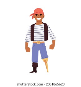 Joven personaje de caricatura pirata o marinera con miembro de pierna, ilustración vectorial plana aislada en fondo blanco. Hombre disfrazado de carnaval de filibusterismo marino.