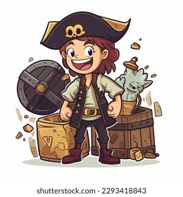 A young pirate with pirate treasure. The adventure of the corsairs. Cartoon vector illustration. label, sticker, t-shirt printing