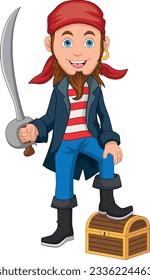 young pirates holding a sword with treasure box