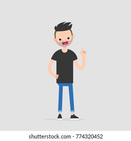 Young pissed off character pointing a finger and yelling at someone. Flat editable vector illustration, clip art