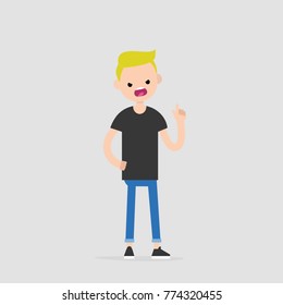 Young pissed off character pointing a finger and yelling at someone. Flat editable vector illustration, clip art