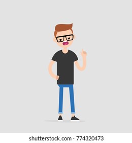 Young pissed off character pointing a finger and yelling at someone. Flat editable vector illustration, clip art