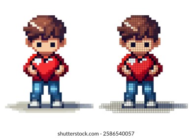 A young pixel art character stands center, cradling a large red heart close to their chest. The character has a cheerful expression, wearing a vibrant red shirt and blue jeans