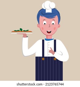 Young Pizza Chef holding pizza vector illustration. Ideal for social media post, posters and brochures.
