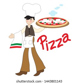 A young pizza maker brings a big pizza on a white background