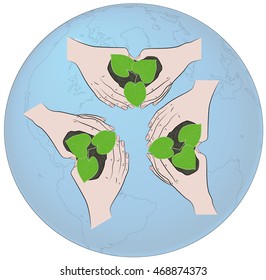 young plant cover their hands against the backdrop of the planet earth. vector illustration