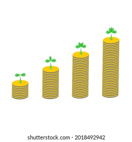 A young plant grow up on the coin tower. financial concept white background.