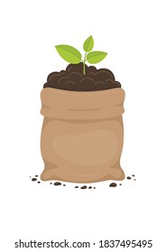 Young plant growth from gunny sack full of soil. Farming and agriculture illustration. 