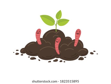 Young plant growth from soil with red worms. Farming and agriculture illustration. 