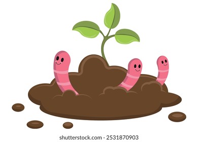 Young plant growth from soil with red worms. Farming and agriculture illustration.