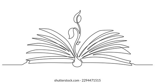 young plant with opening book in continuous line drawing tree of knowledge concept vector illustration