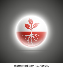 Young plant shoots with roots button icon for ecological topics. Natural logo. Organic vector badge