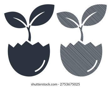 Young plant sprout in eggshell icon. concept of new life, growth, and natural beginning