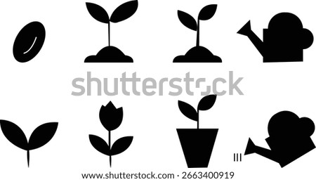 A young plant sprout emerges set from dark soil, bathed in sunlight, surrounded by icons symbolizing sustainable growth and renewable energy, growing plant stages vector bundle, agriculture gardening