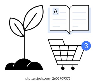 Young plant sprouting from soil, an open book with letter A, and shopping cart with notification. Ideal for education, growth, e-commerce, online learning, sustainability, environment, shopping. Line