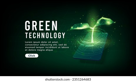 Young plant sprouts or seeding on mobile with circuit effect.Low polygon.Agriculture technology and science concept, ecology system.Hi-tech and futuristic.Digital and technology concept background.