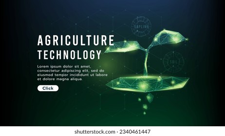 Young plants or growing seeds.Cultivation or farming with agricultural, green technology.Low poly wireframe.Hi-tech Abstract agricultural technology background.Vector illustration.