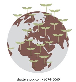 Young plants on the globe. The concept of ecology. Vector illustration.