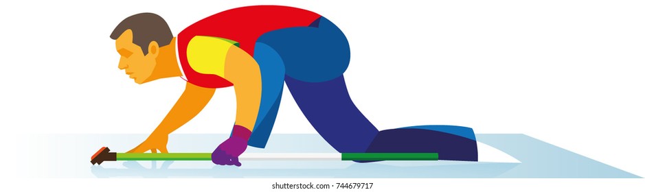A young player in curling watches a sliding heavy disk of stone, which he throwing