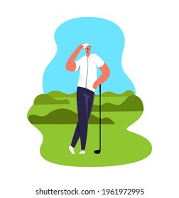 A young Player Plays Golf on the Golf course lawn on green grass. The concept of tournaments, outdoor Sports, Activities, Fun Leisure Game, competitions. Vector Flat illustration with a male character