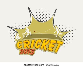 Young players in playing action on abstract background for Cricket 2015.