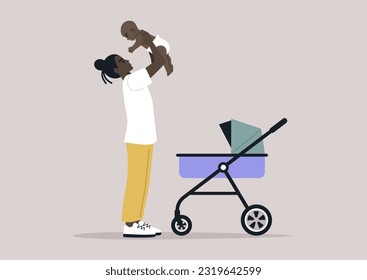 A young playful African parent lifting their baby in the air, family bonding
