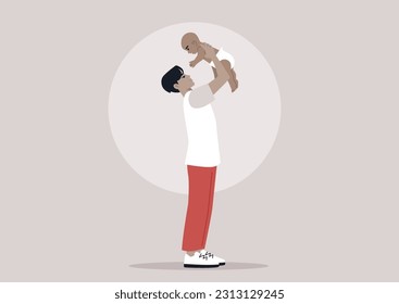 A young playful Asian parent lifting their baby in the air, family bonding