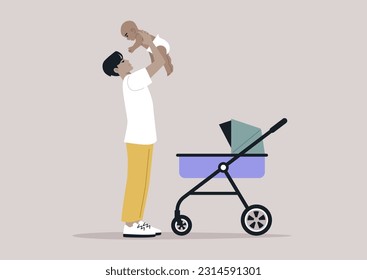 A young playful Asian parent lifting their baby in the air, family bonding