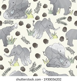 Young playful elephants seamless pattern design