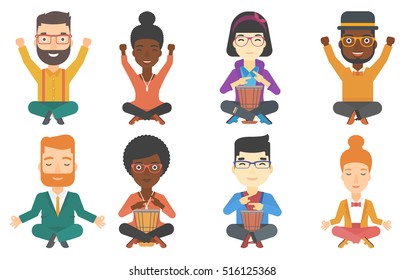 Young pleased man with eyes closed playing ethnic drum. Mucisian playing ethnic drum. Mucisian playing ethnic music on tom-tom. Set of vector flat design illustrations isolated on white background.