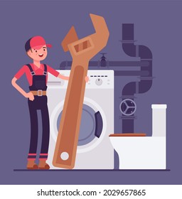 Young Plumber, Emergency Plumbing Service, Sanitary Toilet Work, Bathroom Fitting. Happy Skilled Handy Worker With Giant Wrench, Spanner Tool, Professional Technician To Help. Vector Illustration