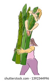 Young plump woman carries a bunch of asparagus with another slim woman on top. Healthy food and diet symbol. Colorful fun drawing. Flat vector illustration. Isolated black contour and colors.