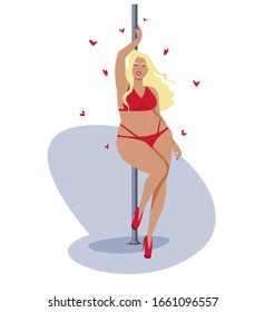 Young plus size curvy woman is dancing Pole dance.Acrobatics on the pole,pylon. Body positive,sport for all. Love your body. Healthy lifestyle.Isolated on a white background.Flat Cartoon illustration.