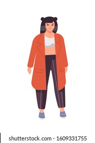 Young plus size girl flat vector illustration. Curvy caucasian woman cartoon character wearing top, pants and coat. Body positive, confidence. Plump woman in casual outfit isolated on white background